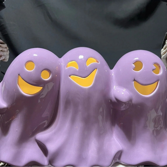 Goblin & Ghoul Whimsical Purple Halloween Ceramic Light Up Happy Ghost Trio - Picture 3 of 12
